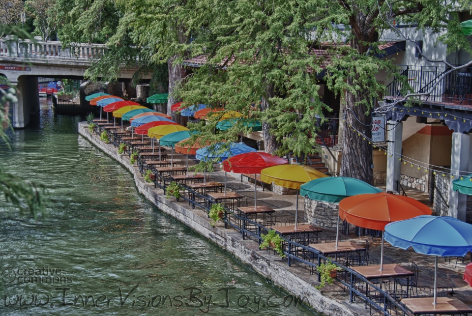 Cafe umberellas lining the San Antonio Riverwalk