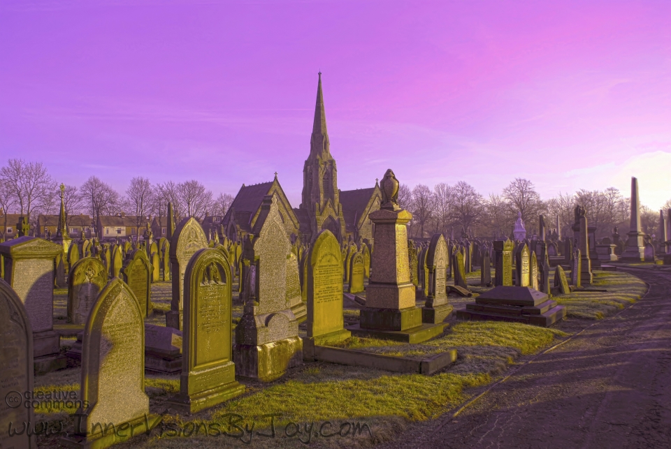 Necropolis Dawning - Graveyard with Purple Skies and sunrise underlighting aroun